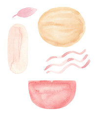 Fototapeta premium Watercolor set of abstract aesthetic forms, brush strokes. Elements of hand painted pastel colors, natural forms isolated on white. Perfect for cards and wedding invitations