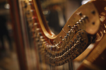 old wooden varnished harp. musical instrument in a restaurant