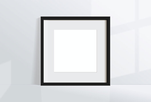 Minimal empty square black frame picture mock up hanging on white wall background with window light and shadow. isolate vector illustration.