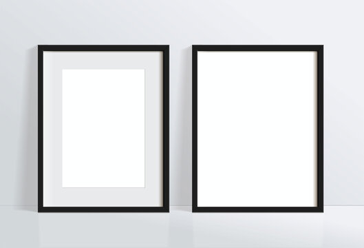Set minimal empty vertical black frame picture mock up hanging on white wall background with window light and shadow. isolate vector illustration.