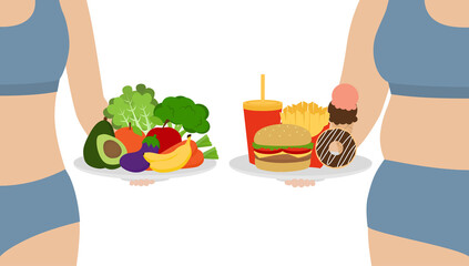 Healthy and unhealthy lifestyle. Comparison of slim woman with fruits and vegetables & fat woman with fast food. Diet choice, weight loss and nutrition concept. Flat vector illustration. Copy space.