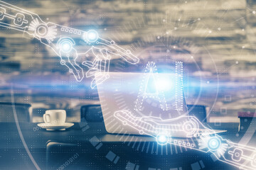 Double exposure of desktop with computer on background and tech theme drawing. Concept of big data.