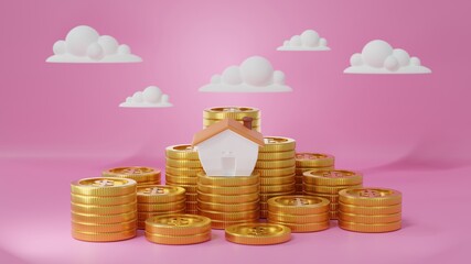 3d Render money home on golden coins with pastel background. Save money business finance for buy home. Investment property concept. 3d Render for advertisement growth business. Earning profit concept
