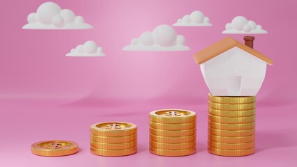 3d Render money home on golden coins with pastel background. Save money business finance for buy home. Investment property concept. 3d Render for advertisement growth business. Earning profit concept