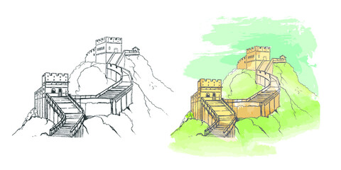 The Great Wall of China in sketch style.Vector illustration.Watercolor chinese historical showplace for print, souvenirs, postcards, t-shirts, decoration, picture.
