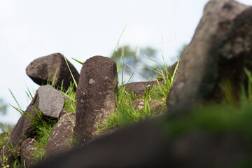 Stone hexagonal blocks in megalithic site, Gunung Padang, Cianjur, West Java, Indonesia