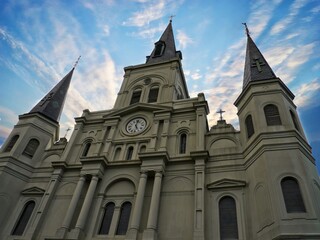 Top part of the Cathedral-Basilica of Saint Louis or St. Louis Cathedral.Jackson Square, French Quarter in New Orleans. It is known to be the oldest cathedral in the United States..