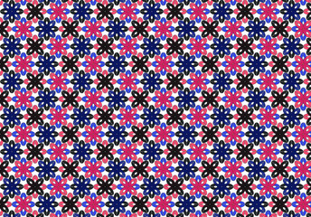 Busy red, black and blue repeating flower pattern on white, vector illustration