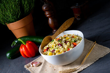 bulgur kaszotto with fresh vegetables and kidney bean