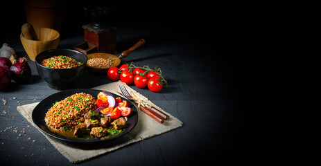 Buckwheat groats baked in the oven with beef goulash