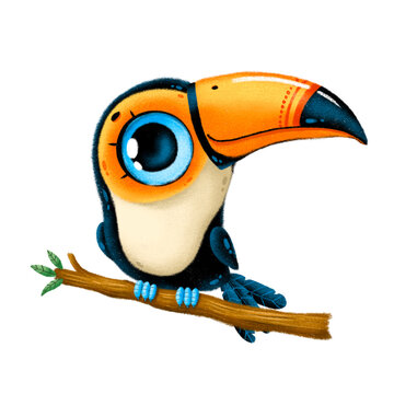 Illustration of a cute cartoon toucan sitting on a branch isolated on a white background
