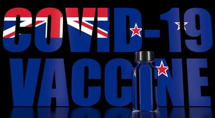 COVID-19 coronavirus disease vaccine vial against the New Zealand flag. Medical research and vaccination. 3D rendering