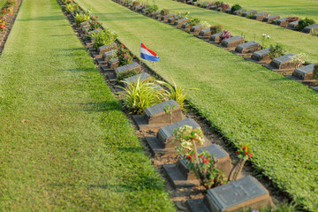A girl holding flowers in a cemetery to collect a grave on the day to clear the grave buried near...