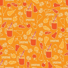 Orange color smoothie seamless pattern. Detox and healthy eating concept. Hand drawn vector background with carrot, apple, pear, mug. Vegetarian food and drinks