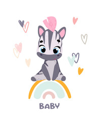 Poster with cute animal. Zebra. Cartoon character. Vector illustration for t-shirt prints, greeting cards, posters, room decor