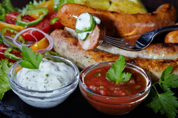 Beer cuisine: fried sausages, baked potato, fresh vegetable salad, tartar sauce. Slice of sausage on fork.