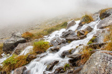 sanft rauschender weißer Gebirgsbach im Nebel