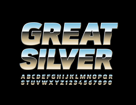Vector Great Silver Font. Metallic Alphabet Letters and Numbers.