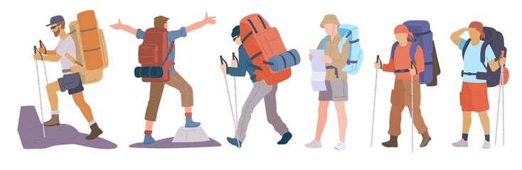 Man with hiking backpack and trekking sticks. Young guy explorer or traveller in sportswear. Adventure tourism, travel and discovery flat vector illustration.