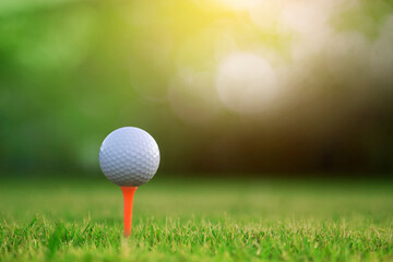 golf ball on tee in a beautiful golf course with morning sunshine