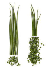 Set of handful chopped green onion and onion stalks isolated on white background, top view.