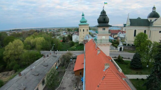 Aerial view of the historical center of Zhovkva, Lviv region, Ukraine. Shooting with FPV drone