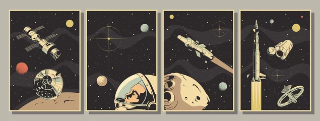 Fotobehang Ruimteastronautica-posters, astronaut, ruimtevaartuig, raketten, planeten, asteroïde, retrostijl © koyash07