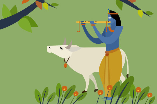 Illustration of Lord Krishna playing flute with holy cow