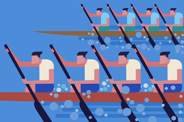 Illustration of teams rowing  boats in a boat race