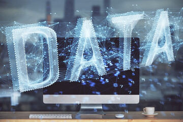 Technology theme drawing and work space with computer. Multi exposure. Concept of innovation.