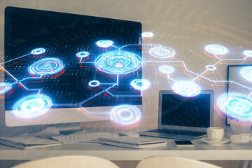 Fototapeta premium Computer on desktop with social network theme icon. Multi exposure. Concept of international connections.