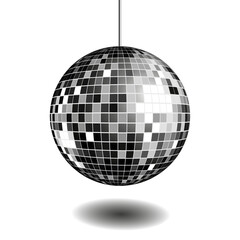 Disco ball isolated illustration. Night Club party light element. Bright mirror silver ball design for disco dance club. Disco party. Vector illustration.