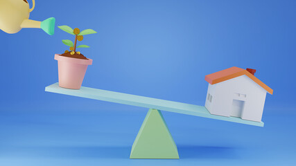 3d Render Money tree balance between house for finance concept. Compare Money tree and house on the seesaw. Save money for investment concept. Less is more efficient saving. Investments growth concept