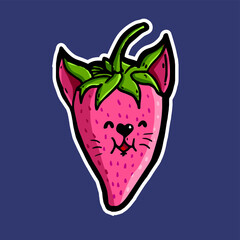 Cute cartoon cat inl costume of fruit. Comic kawaii cat and strawberries vector print