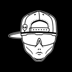 ALIEN DUDE IN THE CAP AND SPORT SUNGLASSES WHITE BLACK BACKGROUND