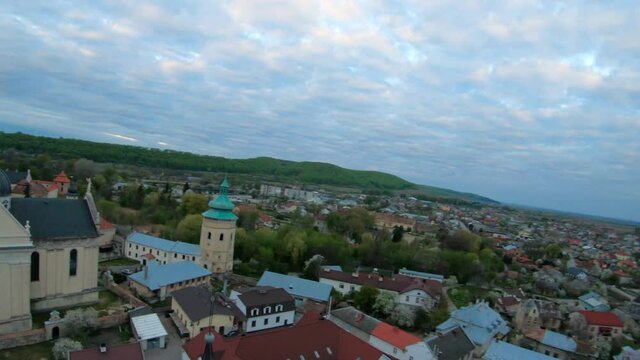 Aerial view of the historical center of Zhovkva, Lviv region, Ukraine. Shooting with FPV drone