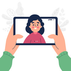 Close up of woman talk chat on video call on tablet vector illustration