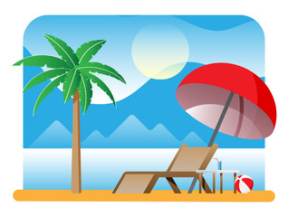 Obraz premium Landscape of chaise lounge or sunlounger, palm tree on beach. Umbrella and table with glass. Sun with reflection in water, clouds. Day in tropical place. Minimalist design. Flat vector