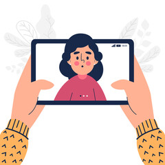 Flat design close up of woman having video call on tablet pc vector illustration