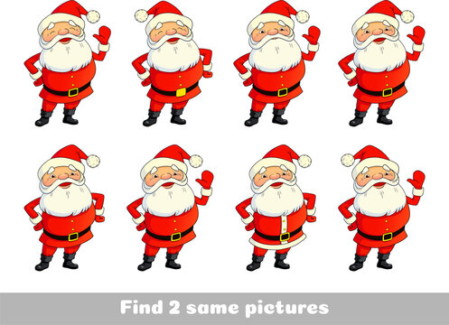 Santa Claus. Find two same pictures. Educational game for children. Cartoon vector illustration.