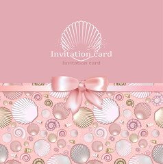 Concept design of a greeting card with seashells and a pink bow in pink background. Vector.