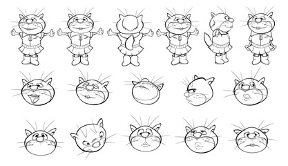 Vector Illustration of a Cute Cartoon Character Cat for you Design and Computer Game. Coloring Book Outline Set