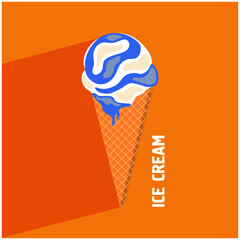 Ice cream in a waffle cup. Ice-cream cone of different taste with  toppings. Summer dessert. Vector illustration