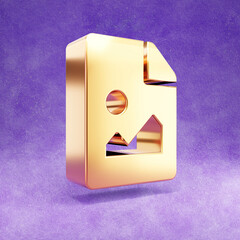 Image file icon. Gold glossy Image file symbol isolated on violet velvet background. Modern icon for website, social media, presentation, design template element. 3D render.