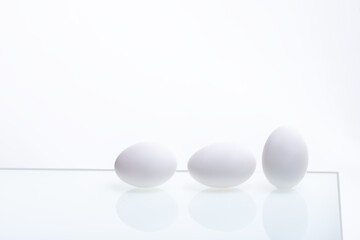 white chicken eggs on a white glass table on a white background