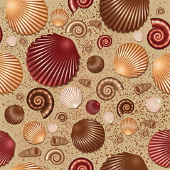 Seamless pattern in brown colors with seashells on the sea floor. Vector background.