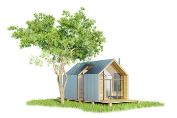Modern small wooden house in the Scandinavian style barnhouse, with a metal roof and large Windows on an island of greenery with trees. On a white background, isolated, 3D illustration