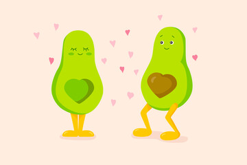 Lovely heart-shaped avocado halves. Kawaii vector illustration