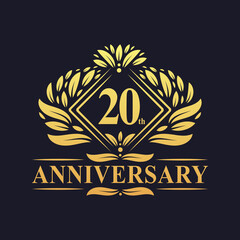 20 years Anniversary Logo, Luxury floral golden 20th anniversary logo.