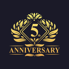 5 years Anniversary Logo, Luxury floral golden 5th anniversary logo.